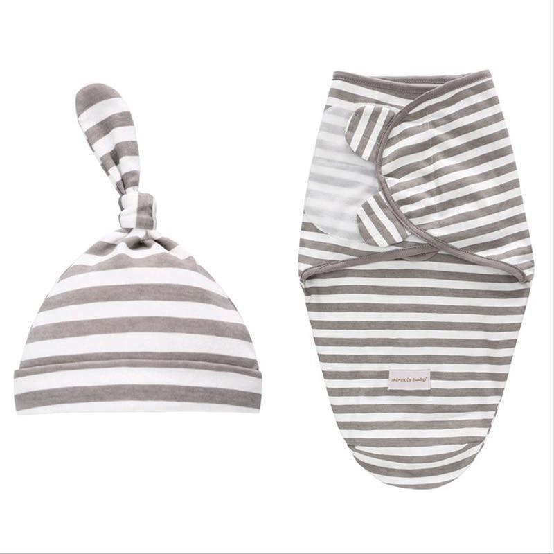 Newborn swaddle wrap and hat set by Stevvex, gray white striped two-piece on Tampa Home & Garden Store