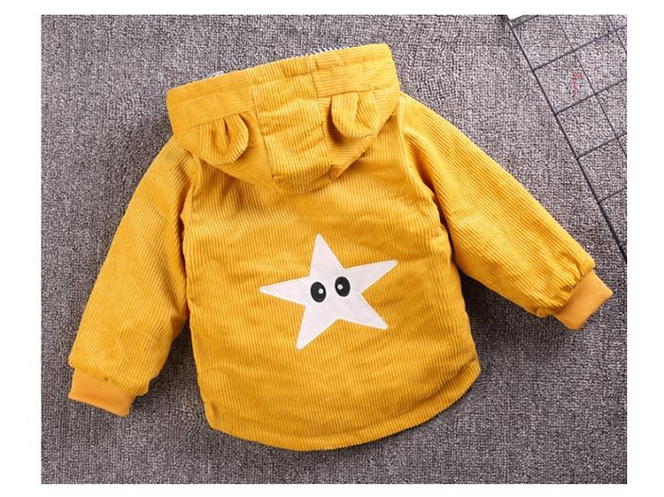 Infant hooded jacket mustard corduroy with white star patch Stevvex baby coat on Tampa Home & Garden Store