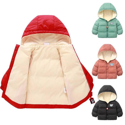 Infant hooded puffer jacket by Stevvex, red outer with beige lining, green, pink, black options on Tampa Home & Garden Store