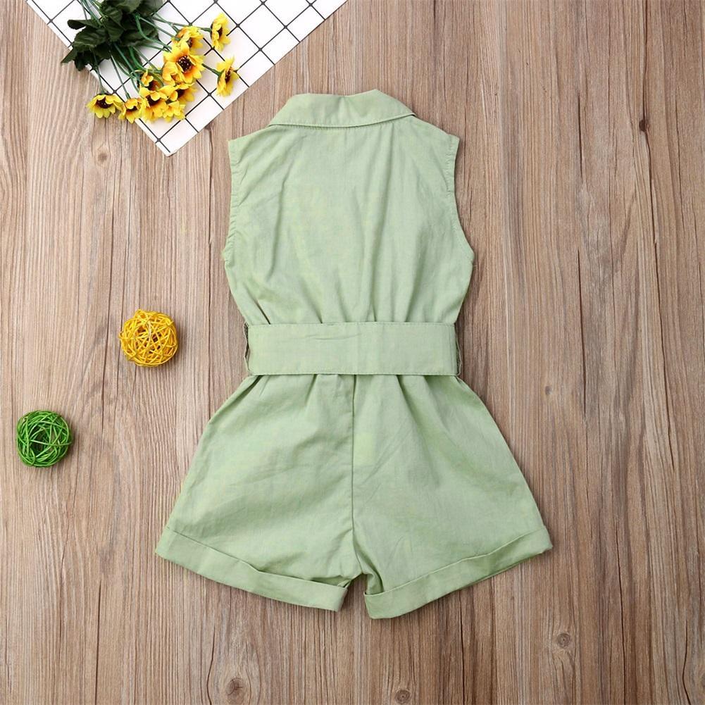 Green sleeveless belted romper jumpsuit for girls, back view, lightweight summer outfit on Tampa Home & Garden Store