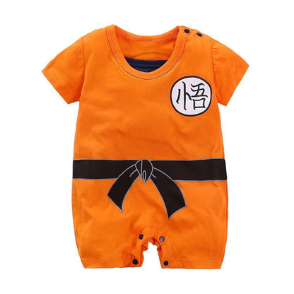 Stevvex orange baby romper one-piece with black belt graphic and kanji patch, short sleeves, snaps on Tampa Home & Garden Store