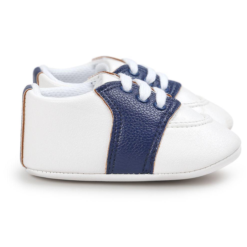 Stevvex newborn baby sneakers pair white leather upper with blue side panel, lace-up, soft sole on Tampa Home & Garden Store