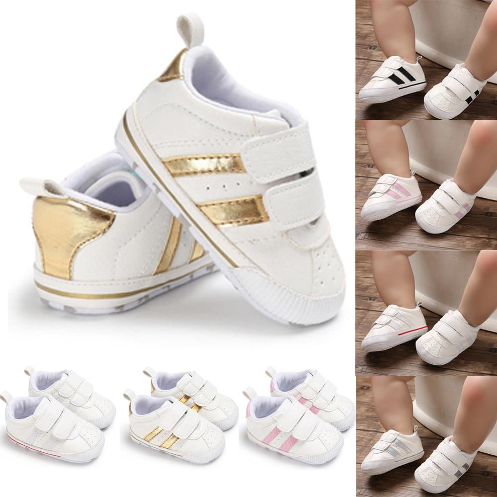 Stevvex baby sneakers with hook loop straps in white leather with gold heel accents on Tampa Home & Garden Store