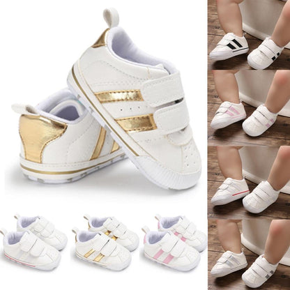 Stevvex baby sneakers with hook loop straps in white leather with gold heel accents on Tampa Home & Garden Store
