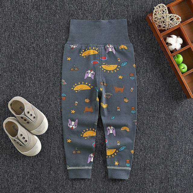 Baby long trousers by Stevvex with gray waistband and sun, cat and moon print on cotton fabric on Tampa Home & Garden Store