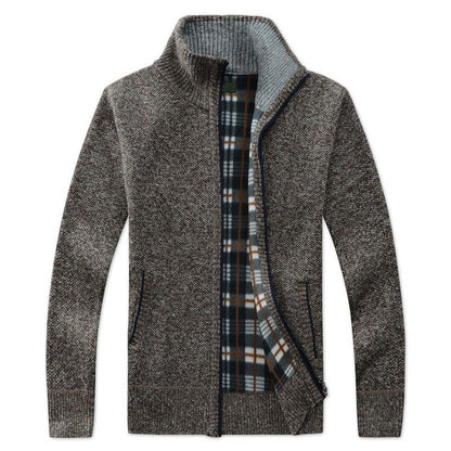 Stevvex men's cardigan in brown marled knit with plaid-lined interior and zip pockets on Tampa Home & Garden Store