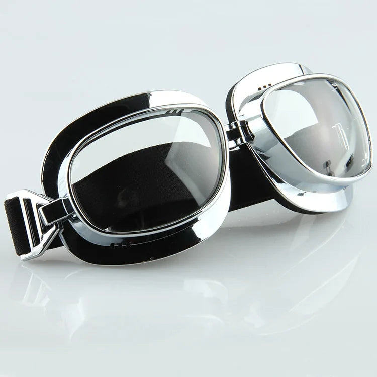 Motorcycle goggles chrome frame, black strap, tinted lenses, vintage style BikerZoneZ on Tampa Home & Garden Store