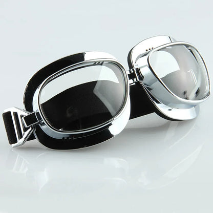 Motorcycle goggles chrome frame, black strap, tinted lenses, vintage style BikerZoneZ on Tampa Home & Garden Store