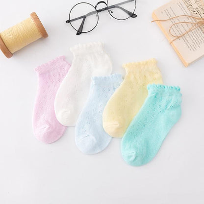 5 Pairs pastel cotton baby socks with mesh cuffs in white pink blue yellow mint for newborns on Tampa Home & Garden Store