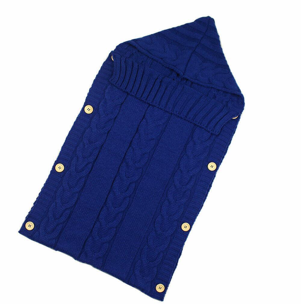 Stevvex blue knitted baby swaddle blanket with cable knit and wooden buttons on Tampa Home & Garden Store