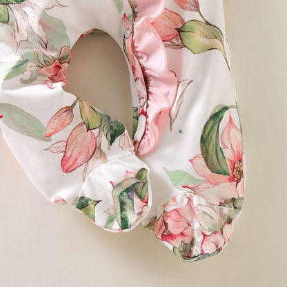 Floral baby romper Stevvex footed long-sleeve with pink ruffle trim and bow newborn girl outfit on Tampa Home & Garden Store