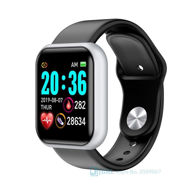 Stevvex smart watch with silver square case and black strap, digital time and fitness icons on Tampa Home & Garden Store