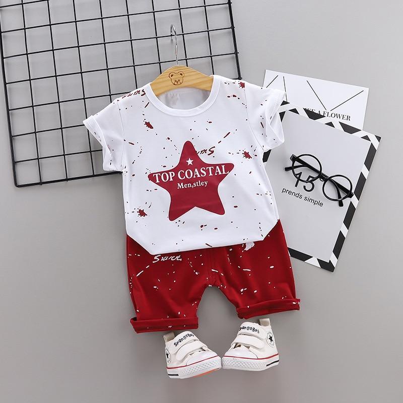 2pc baby boys costume set white star print T-shirt with red splatter and red pants on Tampa Home & Garden Store