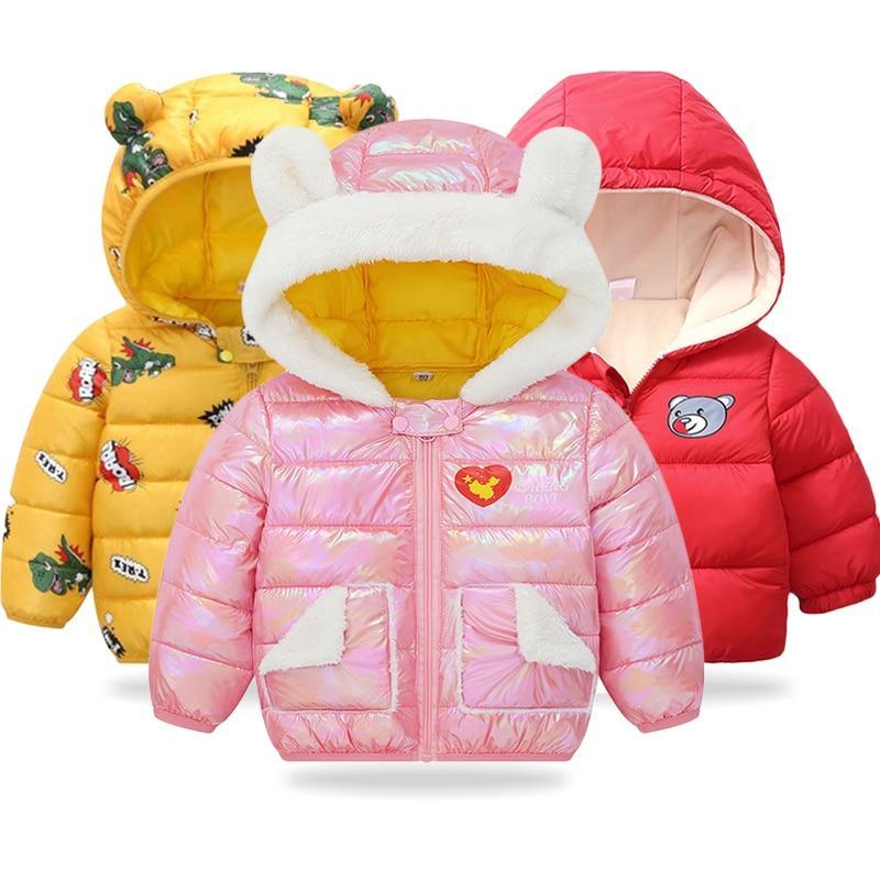 Infant hooded winter jackets set 3 Stevvex pink iridescent yellow printed red bear patch jacket on Tampa Home & Garden Store