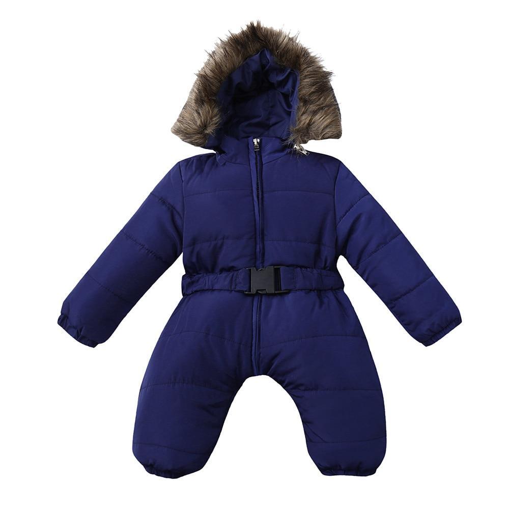 Infant Stevvex navy blue hooded snowsuit with faux fur trim, belted waist, padded jumpsuit on Tampa Home & Garden Store