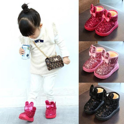 Stevvex warm kids snow boots, glitter pink and black with bows, 3 colorways, toddler shoes on Tampa Home & Garden Store