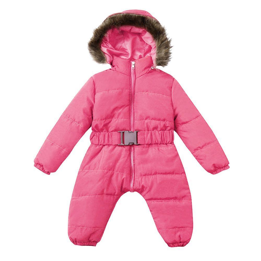 Stevvex pink infant hooded snowsuit with fur trim, front zipper and waist belt on Tampa Home & Garden Store