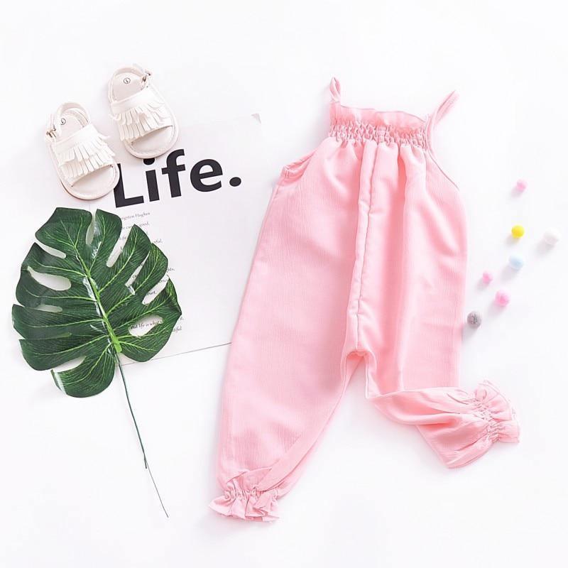 Stevvex pink baby romper, one-piece with shoulder straps and gathered ankle cuffs on Tampa Home & Garden Store