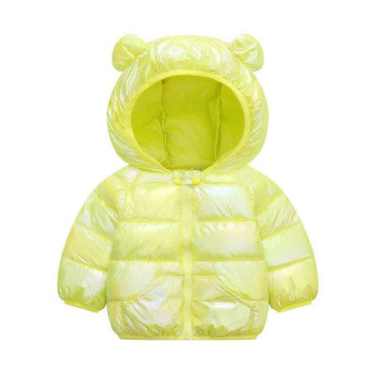 Stevvex neon yellow toddler hooded puffer jacket with bear-ear hood, warm infant coat on Tampa Home & Garden Store