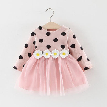 Stevvex baby long sleeve dress pink polka dot bodice with daisy belt and pink tulle skirt on Tampa Home & Garden Store