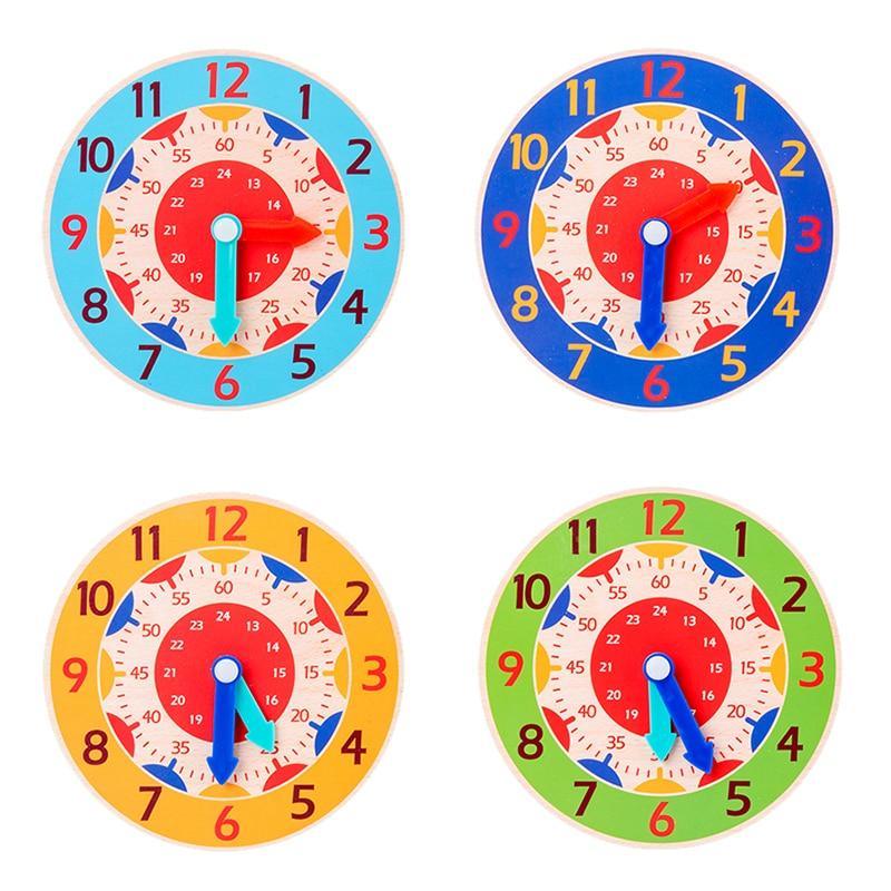 Stevvex Montessori wooden clocks set with four colorful clocks in blue cyan orange green on Tampa Home & Garden Store