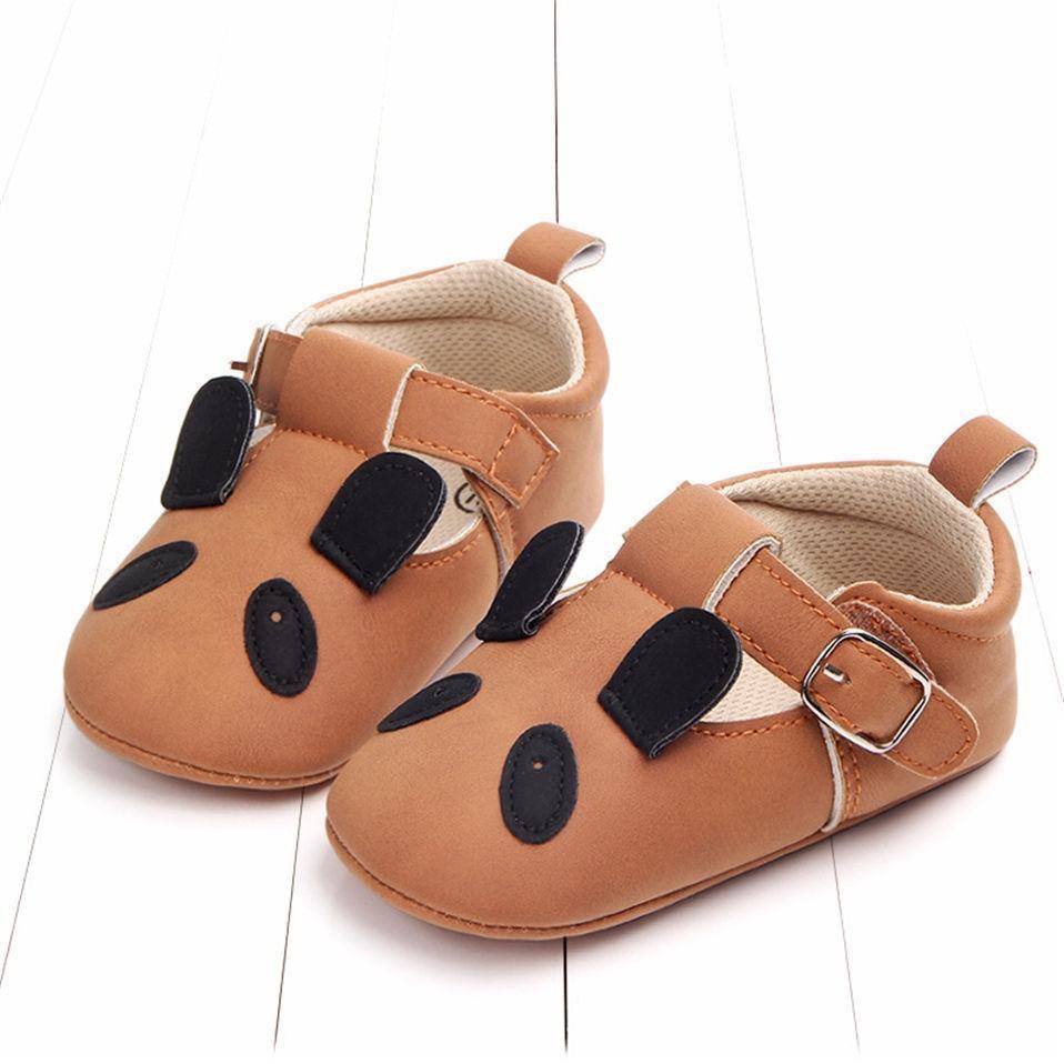 Baby shoes Stevvex brown leather with black panda face patches, adjustable strap for first walker on Tampa Home & Garden Store