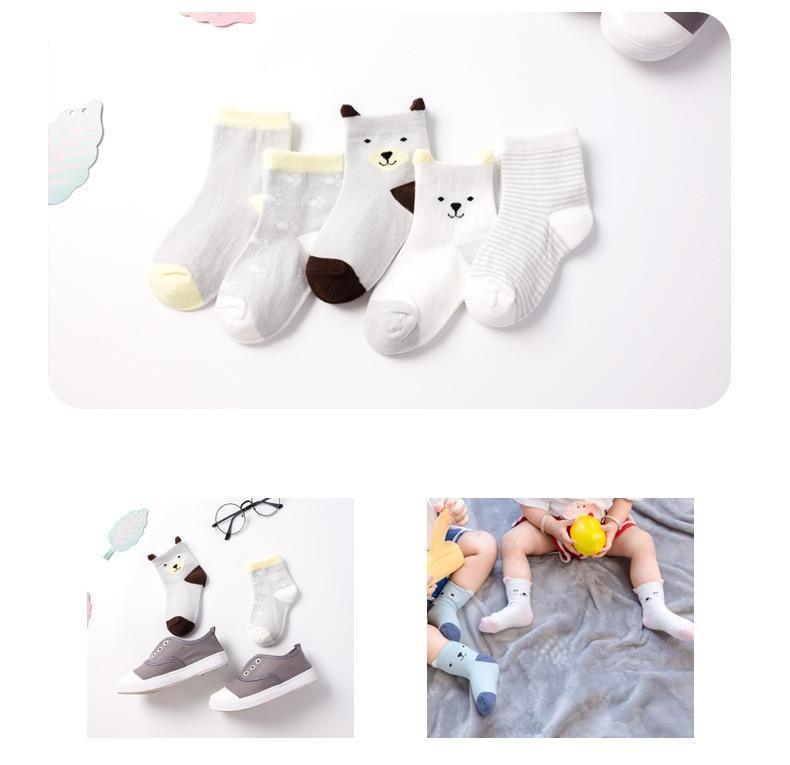 Stevvex 5-pair kids socks set in soft cotton with cute animal faces in grey and white on Tampa Home & Garden Store