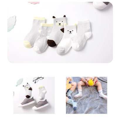 Stevvex 5-pair kids socks set in soft cotton with cute animal faces in grey and white on Tampa Home & Garden Store