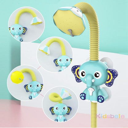 Elephant bath toy with yellow flexible hose and shower head, Stevvex interactive bath toy on Tampa Home & Garden Store
