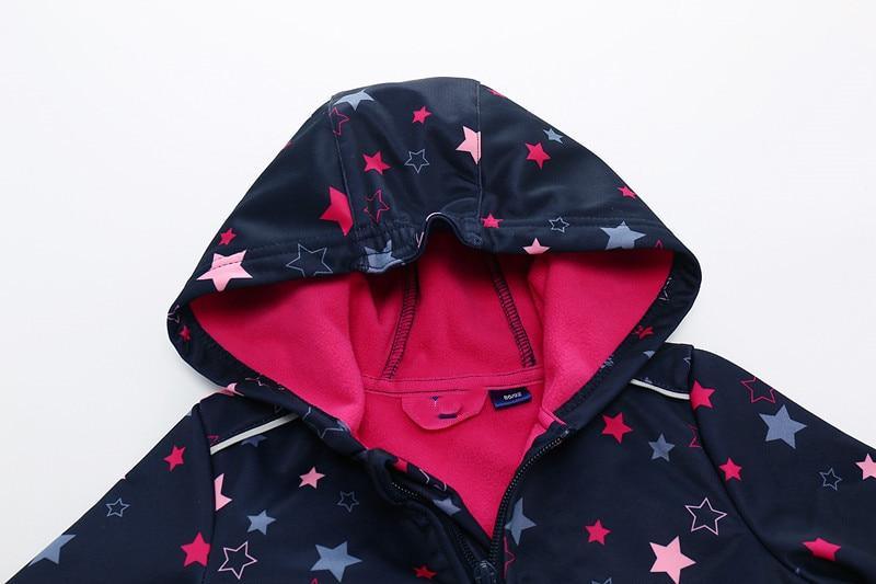 Kids' ski jumpsuit navy softshell with pink fleece lining and star print Stevvex on Tampa Home & Garden Store