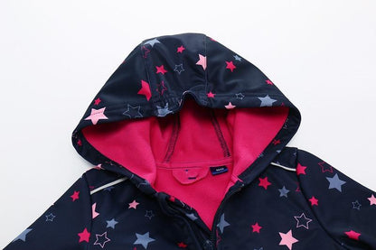 Kids' ski jumpsuit navy softshell with pink fleece lining and star print Stevvex on Tampa Home & Garden Store