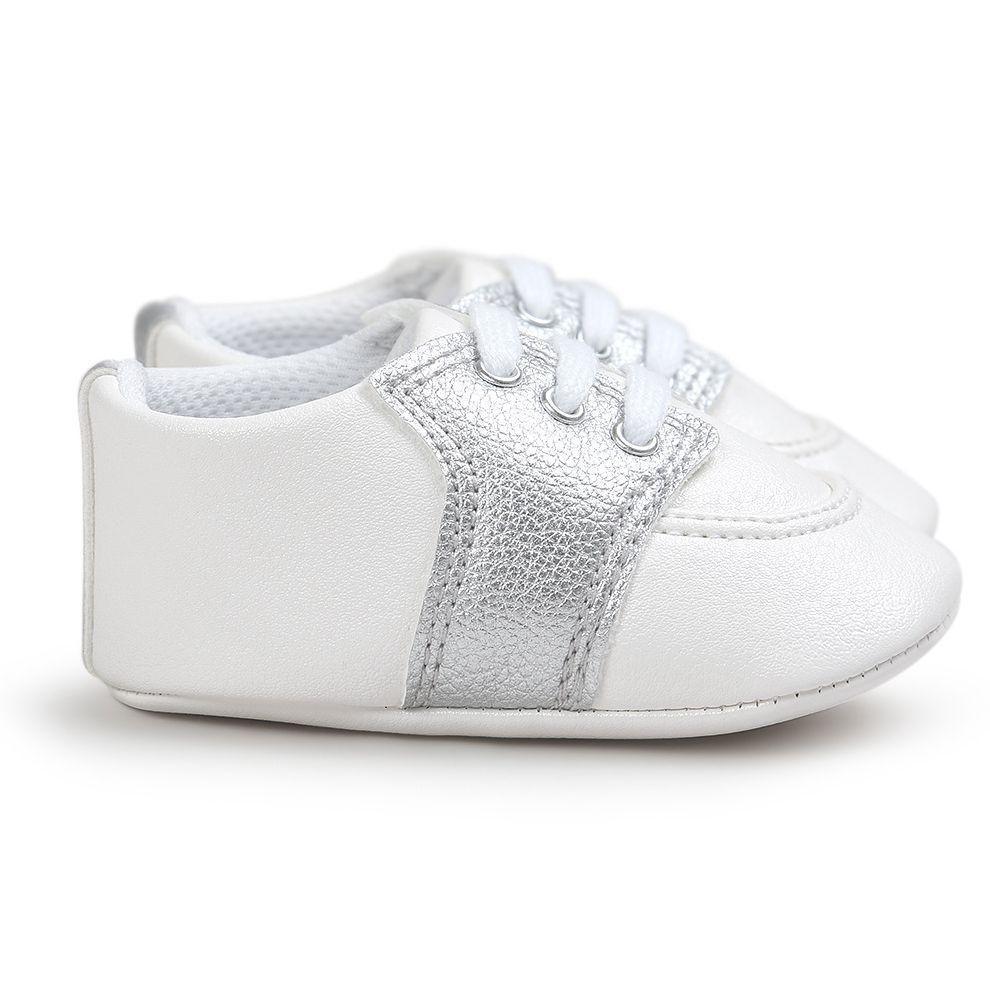 Newborn lace-up sneakers Stevvex white PU leather with silver metallic panel on Tampa Home & Garden Store