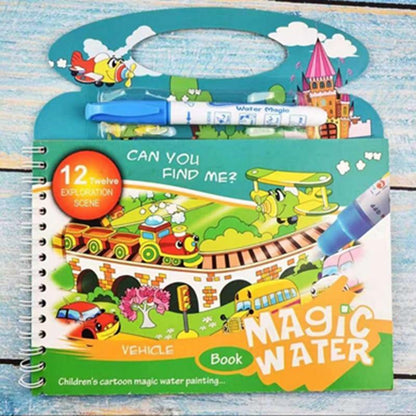 Stevvex Magic Water coloring book set with reusable pen for kids, colorful vehicle scenes on Tampa Home & Garden Store