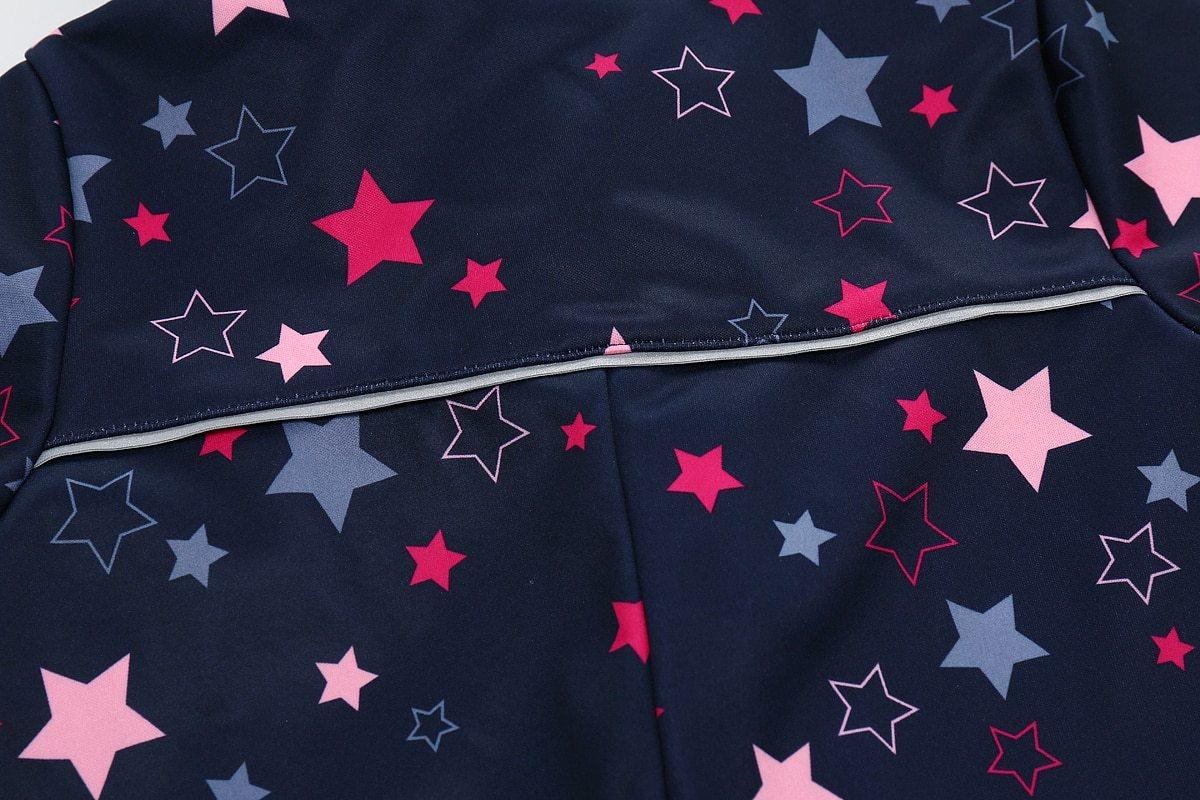 Children's ski suit navy fabric with pink and blue star print; light gray seam piping on Tampa Home & Garden Store