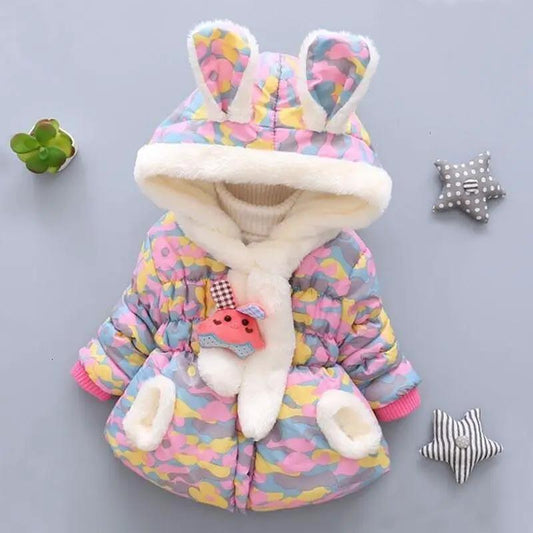 Stevvex baby girls hooded cotton jacket with bunny ears, pastel quilt, white faux fur trim on Tampa Home & Garden Store