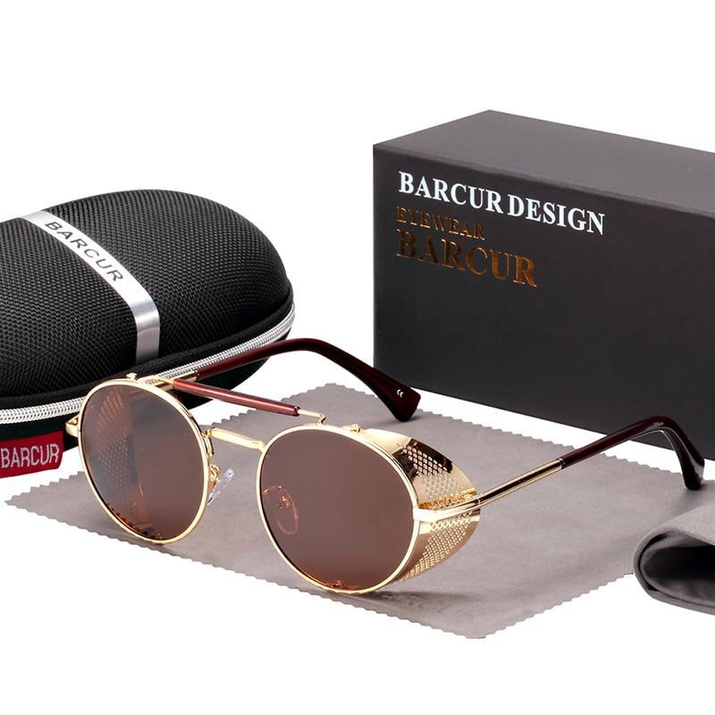 Stevvex round metal polarized sunglasses with UV400 brown lenses and gold frame BARCUR on Tampa Home & Garden Store