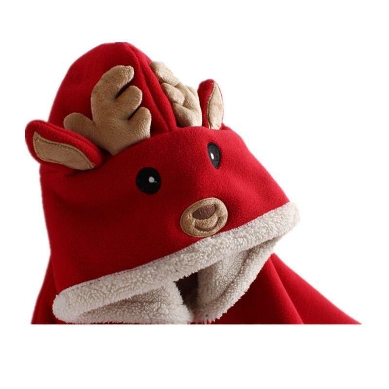Stevvex baby reindeer hooded parka for babies, red with cream faux fur trim and plush antlers on Tampa Home & Garden Store
