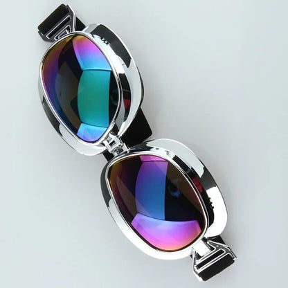 Motorcycle goggles chrome frame with mirrored rainbow lenses, black strap, vintage style pair on Tampa Home & Garden Store