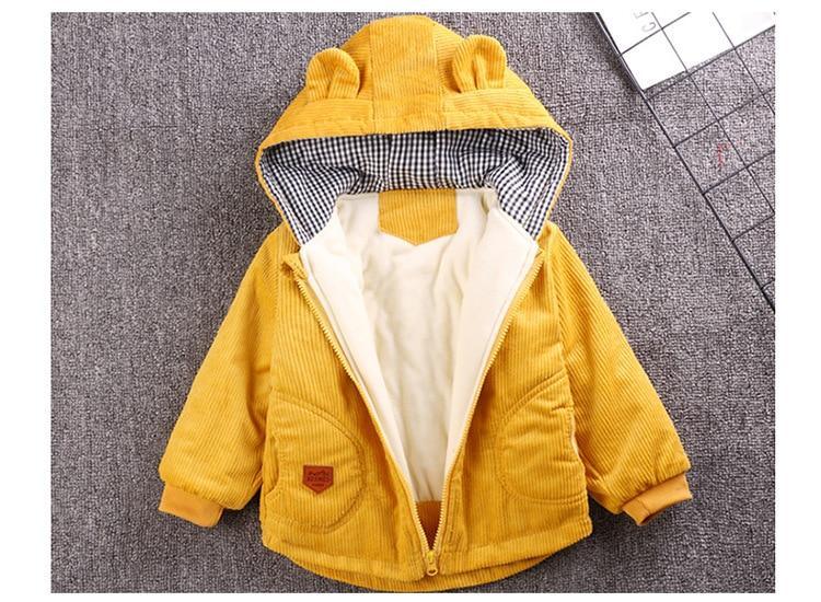Stevvex infant hooded corduroy jacket mustard yellow with cream lining and check hood interior on Tampa Home & Garden Store