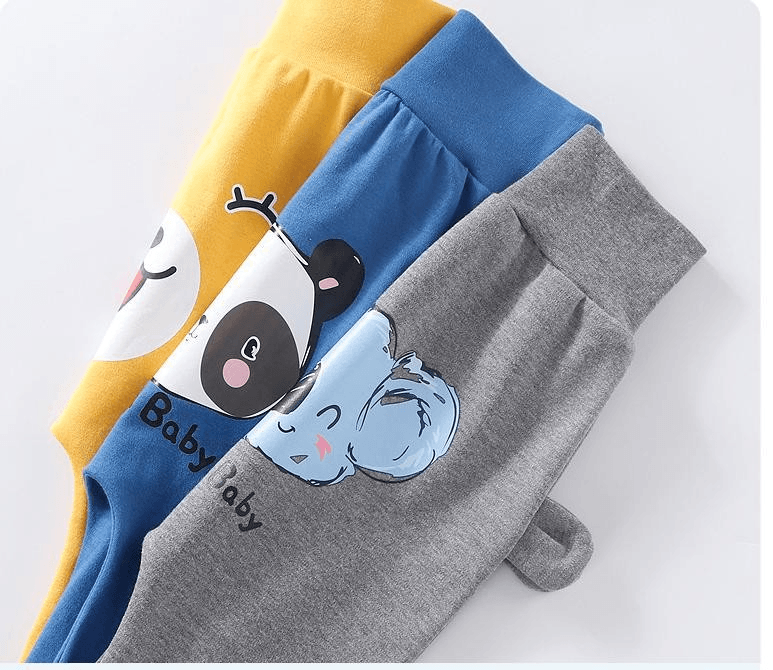 Stevvex baby pants 3-pack in yellow blue grey with bear and panda graphics and bear-ear details on Tampa Home & Garden Store