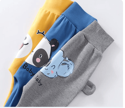 Stevvex baby pants 3-pack in yellow blue grey with bear and panda graphics and bear-ear details on Tampa Home & Garden Store