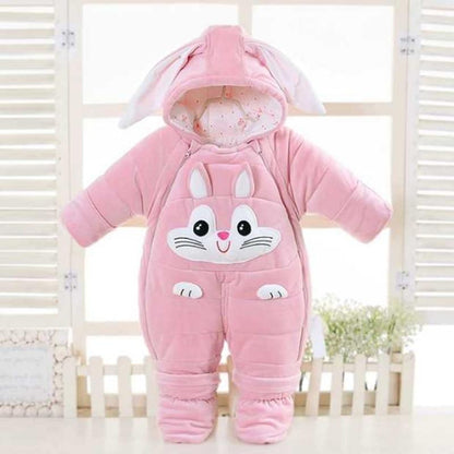Stevvex pink baby snowsuit with bunny-face, hooded ears, thick puffer jumpsuit for infants on Tampa Home & Garden Store