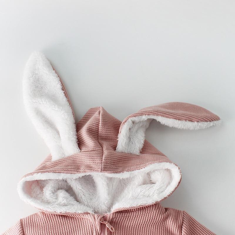 Stevvex pink ribbed knit baby romper with white plush-lined rabbit-ear hood jumpsuit on Tampa Home & Garden Store