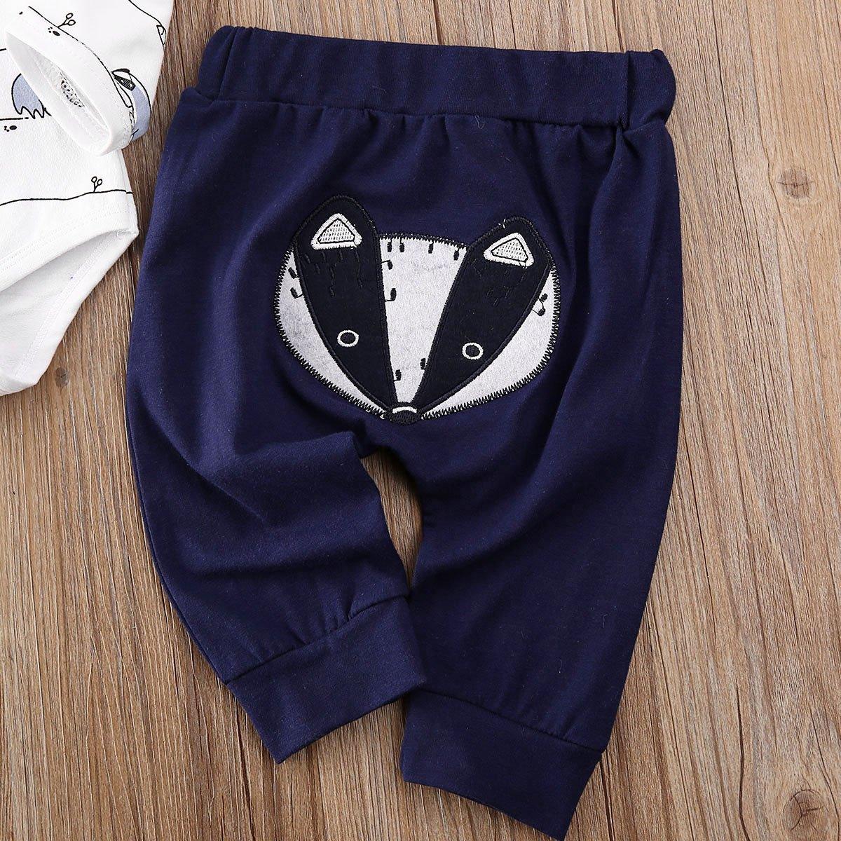 Baby pants navy blue with fox face embroidery on back, elastic waist and cuffed ankles on Tampa Home & Garden Store