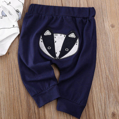 Baby pants navy blue with fox face embroidery on back, elastic waist and cuffed ankles on Tampa Home & Garden Store