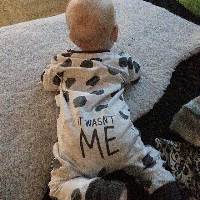 Baby romper long sleeve white with gray spots and IT WASN'T ME print on back on Tampa Home & Garden Store