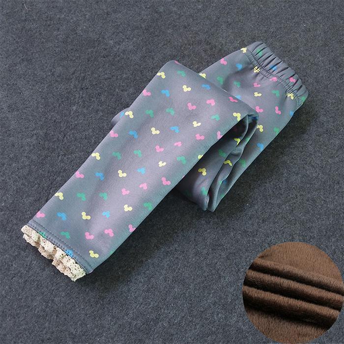 Stevvex kids thick grey fleece-lined leggings with colorful bow print and lace trim on Tampa Home & Garden Store