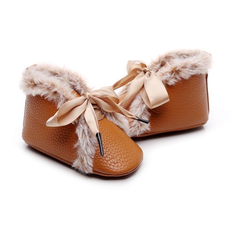 Stevvex baby PU boots pair brown faux leather with fur trim and satin bow laces on Tampa Home & Garden Store