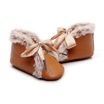Stevvex baby PU boots pair brown faux leather with fur trim and satin bow laces on Tampa Home & Garden Store