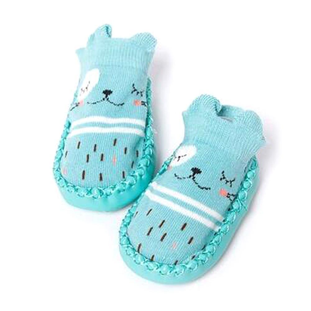 Cotton soft sole baby cartoon shoes in turquoise with cute animal face and striped detail on Tampa Home & Garden Store